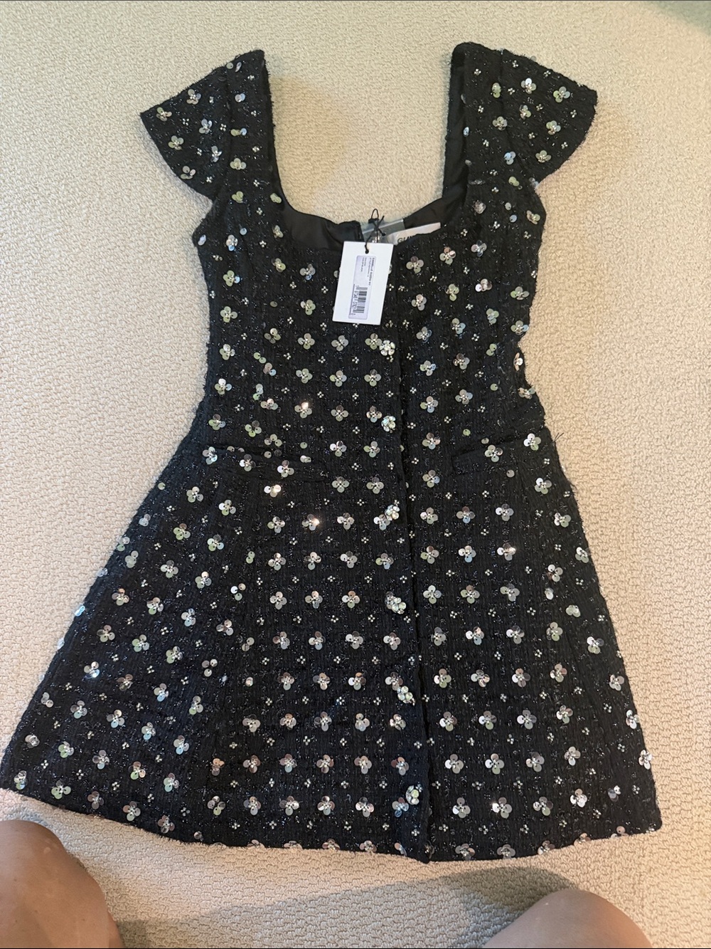 Danielle Guizio Black Mini Dress with Iridescent Sequin Floral Motif
